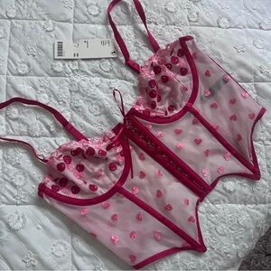 Urban Outfitters Pink Cherry and Heart Mesh Corset